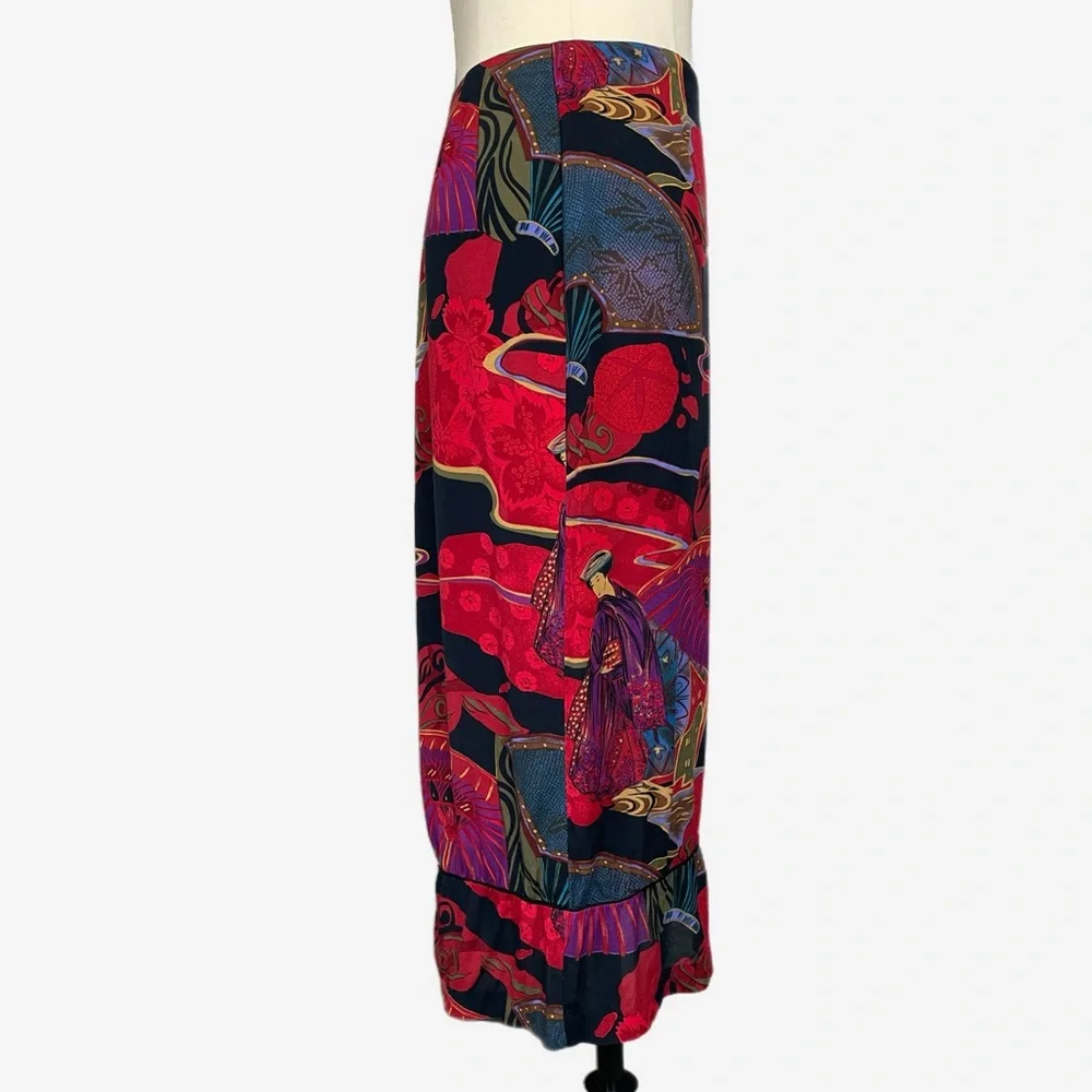 Vintage 90s Clio Red geisha graphic printed ruffle hem midi skirt eclectic XS/S